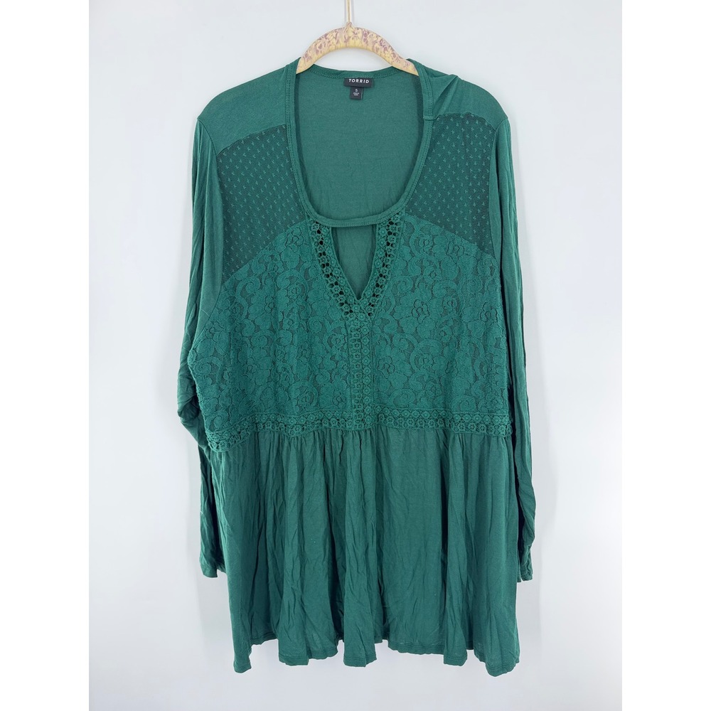 Torrid Green Lace Mesh Babydoll Tunic Top Long Sleeve Plus Size 5 5X Boho